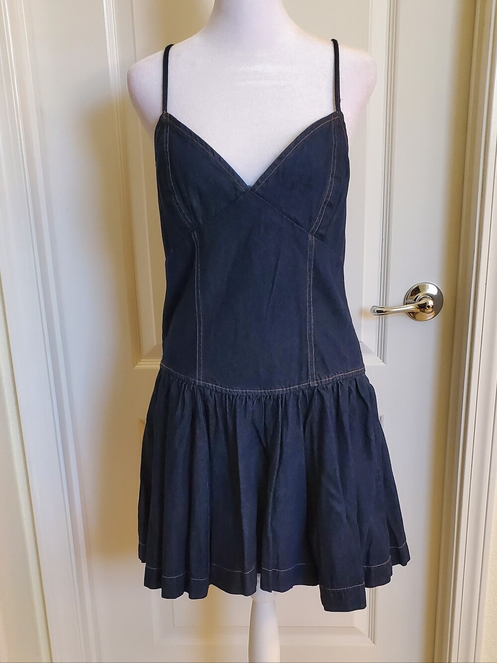 Women’s Navy Blue Denim Mini Dress with Spaghetti Straps